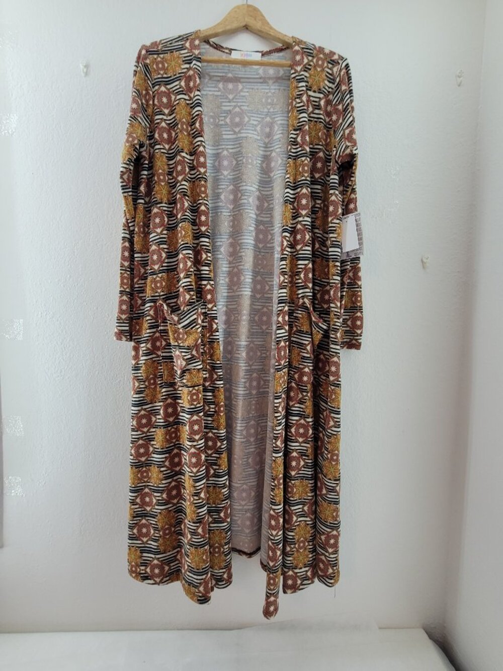 LulaRoe Sarah Duster Cardigan Sweater Long Open Lines Size Large Aztec Southwest